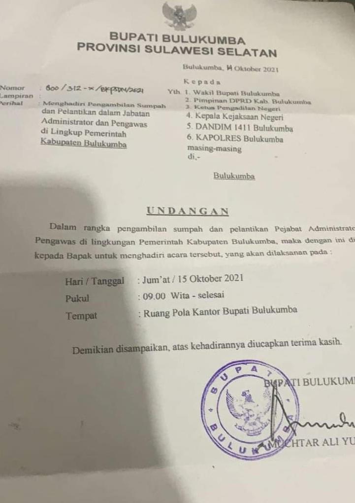 FOTO: Surat Pengambilan sumpah dan Pelantikan dalam jabatan administrator dan pengawasan di lingkup Pemkab Bulukumba