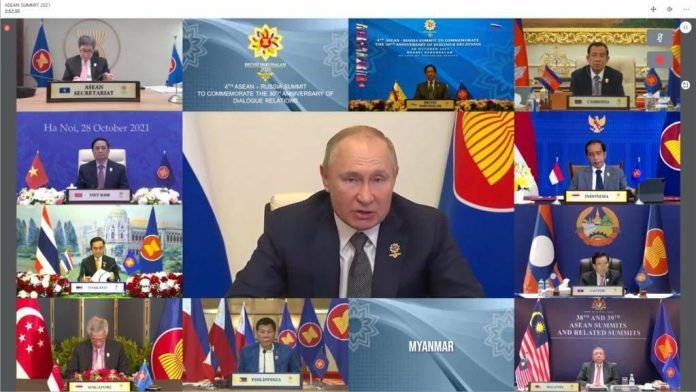 FOTO: Presiden Rusia Vladimir Putin menghadiri Konferensi Tingkat Tinggi (KTT) ke-4 ASEAN-Rusia, secara virtual. Kamis (28/10/2021).