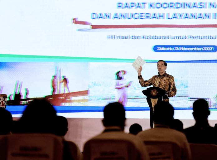 FOTO: Presiden Jokowi pada Pertemuan Tahunan Bank Indonesia Tahun 2021, Selasa (24/11/2021). (Foto: BPMI Setpres/Rusman)