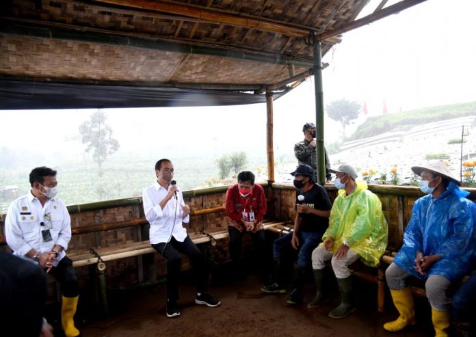 Presiden Jokowi berdialog dengan sejumlah petani di Desa Lamuk, Kecamatan Kalijajar, Kabupaten Wonosobo, Provinsi Jawa Tengah, Selasa (14/12/2021). (Foto: BPMI Setpres/Rusman)