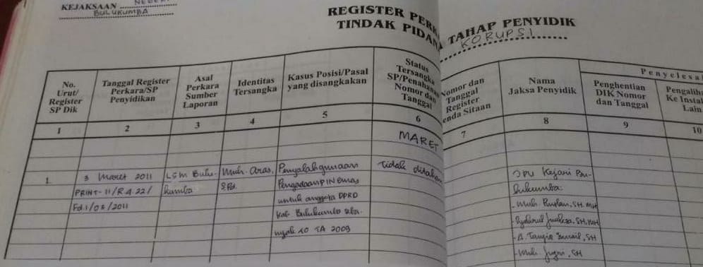 Foto diduga buku registrasi Kejari Bulukumba yang telah menetapkan tersangka sejak 2011.