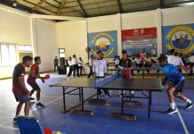 Jelang HUT Ke-13 Lantamal XI Gelar Lomba Bulu Tangkis dan Tenis Meja Pertandingan Tenis Meja antar Kewasgiatan yang berlangsung di Gedung Bapra Mako Lantamal XI Jl. Noari Karang Indah Kabupaten Merauke, Selasa pagi (04/01/2022).