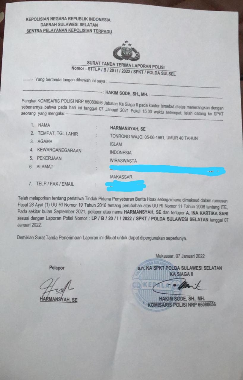 laporan polisi tersebut bernomor STTLP/B/20/I/2022/SPKT/POLDA SULSEL