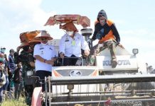 Klarifikasi Masalah Alsintan Bantuan Kementan di Jeneponto Menteri Pertanian Syahrul Yasin Limpo (tengah) dan Bupati Jeneponto H Iksann Iskandar (kiri) saat panen raya di Desa Kayu Loe Barat, Kabupaten Jeneponto, Sulawesi Selatan, menggunakan Combine Harvester Jumat (16/4/2021). ANTARA/HO-Humas Diskominfo Jeneponto