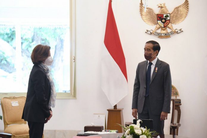 Presiden Jokowi menerima kunjungan Menteri Angkatan Bersenjata Republik Prancis, Florence Parly, di Istana Merdeka, Jakarta, Kamis (10/02/2022). (Foto: BPMI Setpres/Lukas)