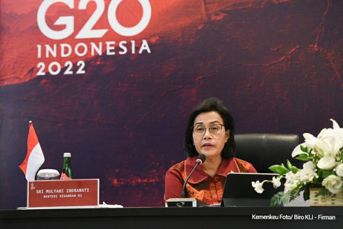 Menkeu Sri Mulyani dalam keterangan pers Presidensi G20 Indonesia, Jumat (18/02/2022). (Foto: Humas Kemenkeu)