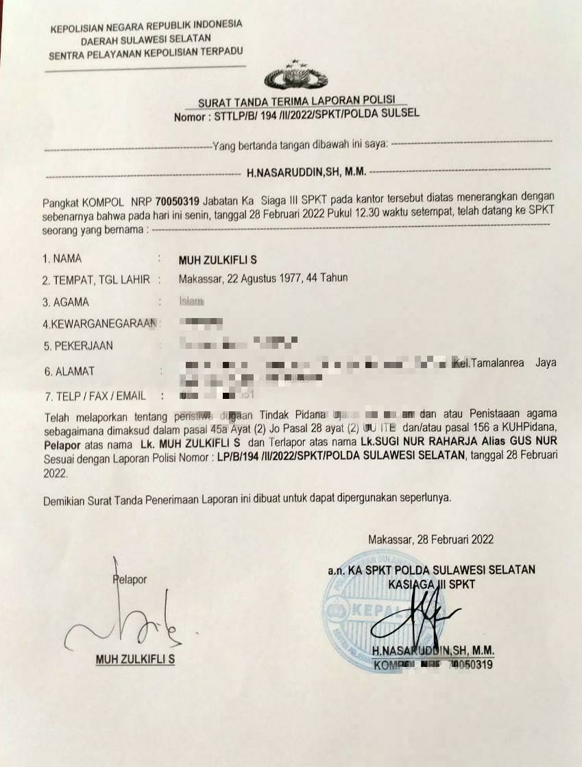 Bukti Laporan Polisi Ketum BMI di Mapolda Sulsel 