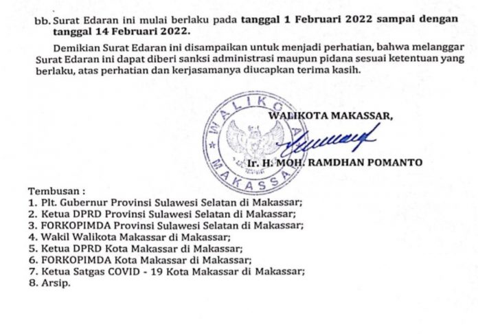 Hasil tangkap layar Surat Edaran (SE) Nomor 443.01/40/S.Edar/Kesbangpol/II/2022. Yang telah diberi stempel Wali Kota Makassar.