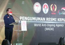 Menpora, Sanksi WADA Dicabut, Merah Putih Siap Berkibar Kembali di Ajang Olahraga Internasional Menpora Zainudin Amali saat mengumumkan pencabutan sanksi WADA, Jumat (04/02/2022), di Jakarta. (Foto: Humas Kemenpora)