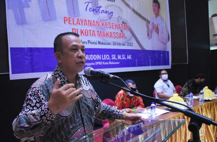 Anggota DPRD Kota Makassar, Hasanuddin Leo menggelar sosialisasi peraturan daerah (Perda) nomor Nomor 7 Tahun 2009 tentang Pelayanan Kesehatan di Hotel Phinisi Travelers, Jalan Lamadukelleng Buntu, Sabtu (26/2/2022).