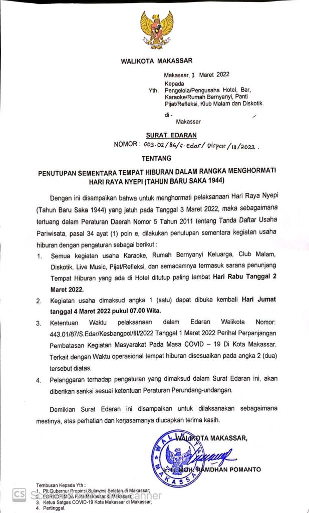 Surat Edaran (SE) Pemkot Makassar penutupan tempat hiburan dalam rangka Hari Raya Nyepi 2022.