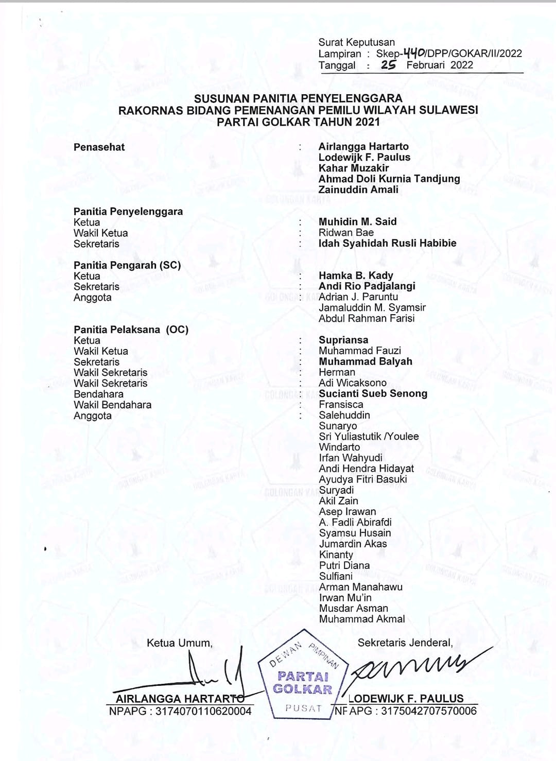 Daftar nama Panitia Rakornas Bidang Pemenangan Pemilu Wilayah Sulawesi Partai Golkar bakal digelar di Makassar.