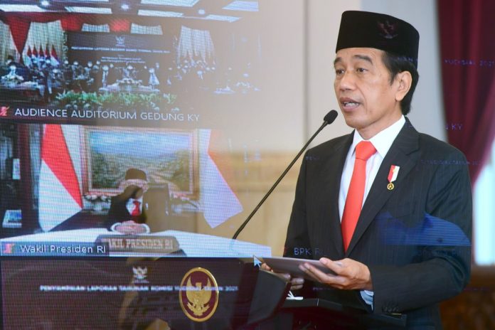 Presiden Jokowi dalam sambutannya pada Penyampaian Laporan Tahunan KY Tahun 2021, Rabu (09/03/2022), secara virtual dari Istana Negara, Jakarta.