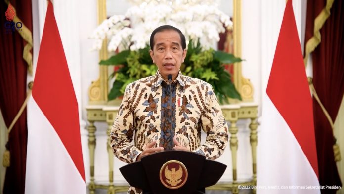 Presiden Joko Widodo atau Jokowi dalam keterangan persnya, Rabu (23/03/2022), di Istana Merdeka, Jakarta.