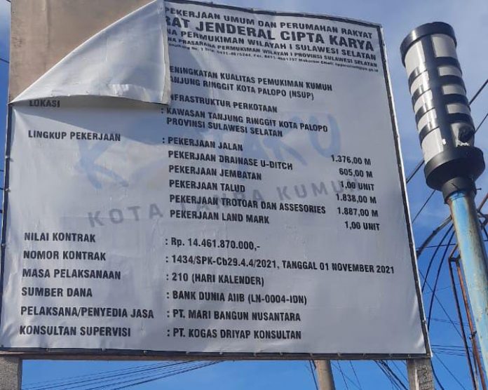 Ket: (Foto_dok.amuk) Papan Proyek Pekerjaan Infrastruktur Perkotaan Kawasan Tanjung Ringgit Kota Palopo