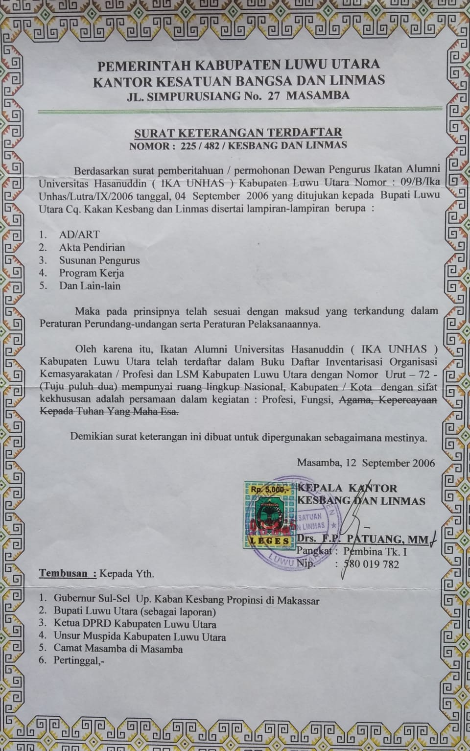 FOTO: Legalitas formal dengan bukti Catatan Kantor Kesatuan Bangsa dan Linmas Pemerintah Kabupaten Luwu Utara, Nomor: 225/482/Kesbang dan Linmas.