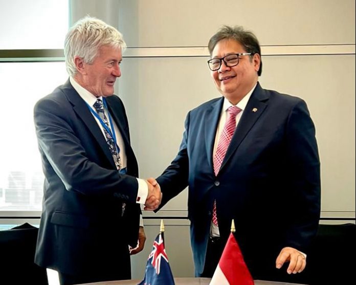 FOTO: Kanan Menteri Koordinator Bidang Perekonomian Airlangga Hartarto dan Damien O’Connor, Minister of Agriculture, Trade & Export Growth, Land Information, Biosecurity and Rural Communities Selandia Baru dalam Ministerial Meeting Indo-Pacific Economic Framework (IPEF), Kamis (8/9).