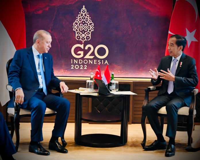 FOTO: Presiden Jokowi melakukan pertemuan bilateral dengan Presiden Turki, Recep Tayyib Erdogan di The Apurva Kempinski Bali, Senin (14/11/2022). (Foto: BPMI Setpres/Laily Rachev)