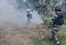 Cegah Malaria, Prajurit Bima Sakti Adakan Fogging Di Pemukiman Masyarakat FOTO: Prajurit Satgas Pamtas Yonif 132/Bima Sakti mengadakan fogging ke rumah masyarakat Kp.Ubiyau, Distrik Arso, Kab.Keerom, Papua, pada hari Jumat (02/12).
