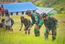 Sukseskan Ketahanan Pangan, Prajurit Cakra “Jawara” dan Masyarakat Buka Lahan Perkebunan FOTO: Satgas Yonif Raider 321/GT/13/1 Kostrad Pos Kotis Mbua bersama dengan masyarakat membersihkan lahan tidur guna dijadikan lahan perkebunan.