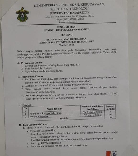 FOTO: Surat pengumuman bernomor 41130/UN.4.1.2.2/KP.03.00/2022 tentang seleksi petugas kebersihan kantor universitas hasanuddin tahun 2023.