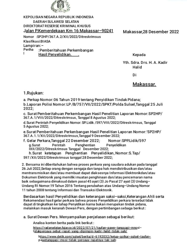 FOTO: Surat Ditreskrimsus Polda Sulsel ke Kadir Halid selalu pelapor nomor SP2HSP2H/367.A.2/VII/Ditreskrimsus. Perihal pemberitahuan perkembangan hasil penyelidikan.
