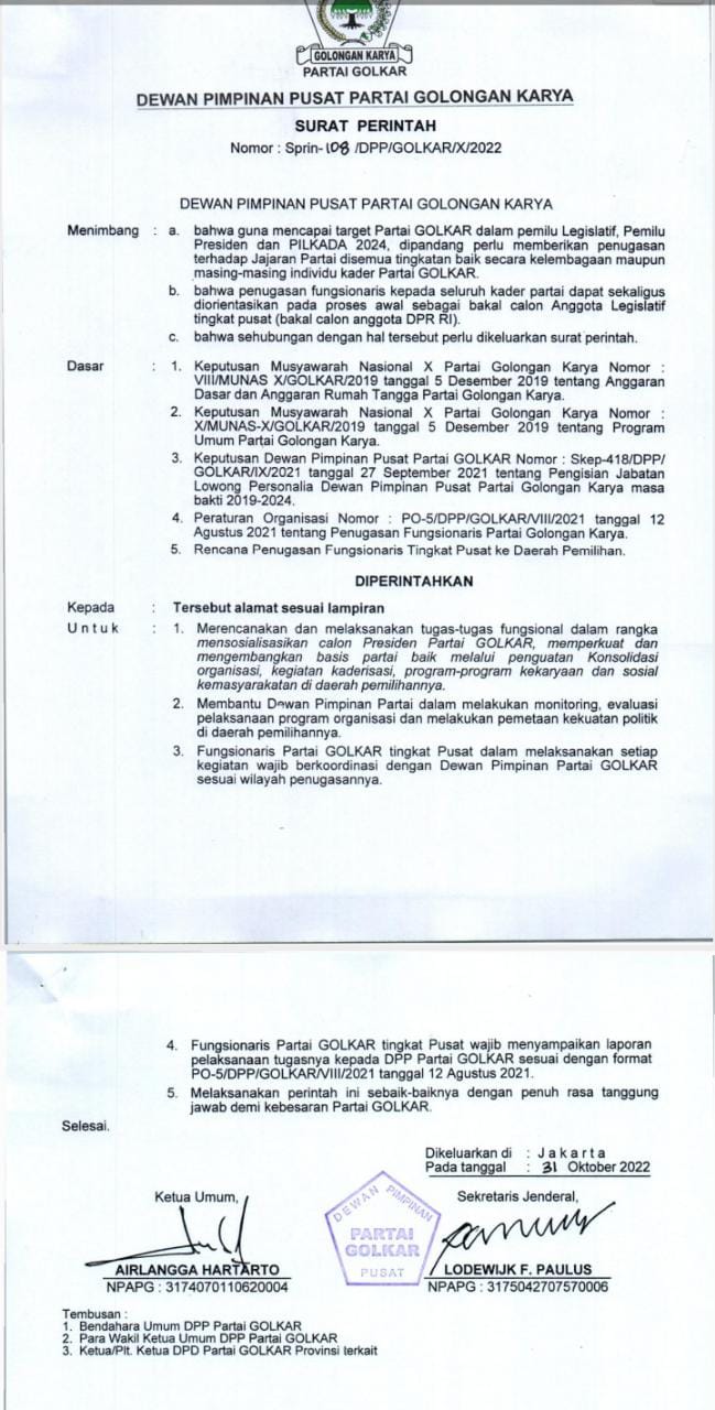 Foto Surat Perintah DPP Partai Golkar (tangkap layar) 