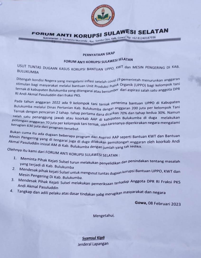 FOTO: Surat Pernyataan Sikap Forum Anti Korupsi Sulawesi Selatan