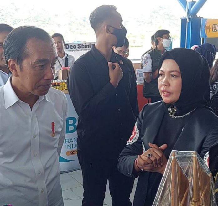 FOTO: Presiden Jokowi saat didampingi Ketua Dekranasda Bulukumba Andi Herfida Attas memperkenalkan produk dari Kabupaten Bulukumba. Rabu 29 Maret 2023.