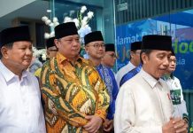 Airlangga Berpotensi Cawapres dari Koalisi Besar Dampingi Prabowo FOTO: Presiden Jokowi, Ketua umum Gerindra Prabowo Subianto dan Ketum Partai Golkar Airlangga Hartarto kegiatan silahturahmi pimpinan partai politik di DPP PAN Jakarta.