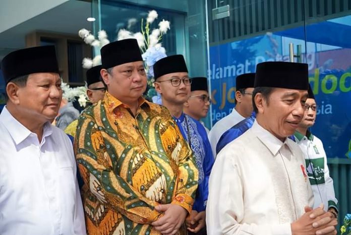 FOTO: Presiden Jokowi, Ketua umum Gerindra Prabowo Subianto dan Ketum Partai Golkar Airlangga Hartarto kegiatan silahturahmi pimpinan partai politik di DPP PAN Jakarta.