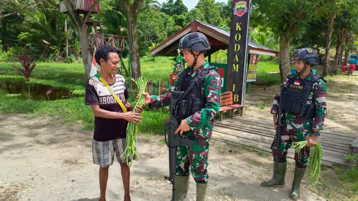 FOTO: Satgas Yonif 132/BS membagikan sayuran hasil panen secara gratis kepada masyarakat yang melintas di depan Pos Wambes yang terletak di Kampung (Kp) Wambes, Distrik Mannem, Kabupaten Keerom, Provinsi Papua, Selasa (04/04/2023).