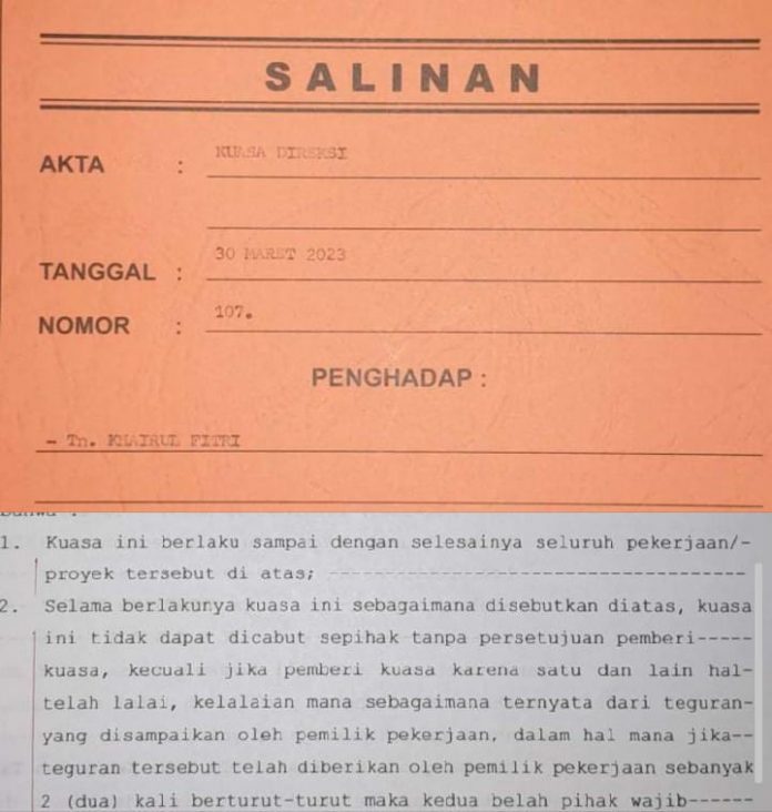 Foto hasil tangkap layar dari akta notaris Yuli Elvita, S.H,. M. Kn. SK Menteri Hukum dan HAM RI Nomor AHU-00209 AH. 02.01 Tahun 2018 Nomor salinan Kuasa Direksi Tanggal 30 Maret 2023, Nomor 107 Penghadap Tn. Khairul Fitri.