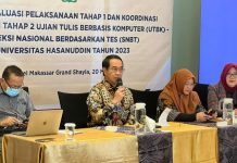 Unhas Gelar Rapat Evaluasi Pelaksanaan UTBK-SNBT Tahap I dan Persiapan Ujian Tahap II FOTO: Rektor Unhas Prof. Dr. Ir. Jamaluddin Jompa, M.Sc., Membuka rapat evaluasi pelaksanaan tahap 1 dan koordinasi pelaksanaan tahap dua Ujian Tertulis Berbasis Komputer (UTBK) – Seleksi Nasional berdasarkan Tes (SNBT). Kegiatan berlangsung mulai pukul 11.00 Wita di Meeting Room Gowa, Hotel Novotel, Sabtu (20/05).