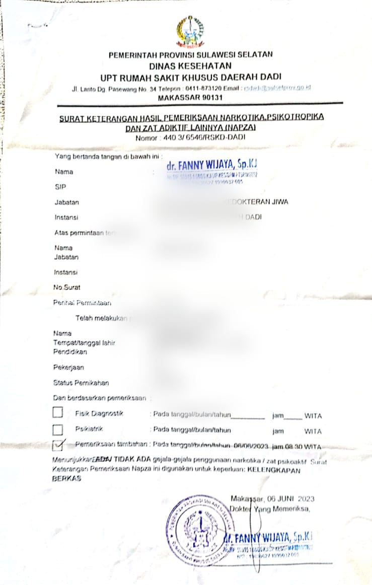 FOTO: Hasil test urine ASN dilingkup Dinas Tanaman pangan, hortikultura dan Perkebunan (DTPHBUN) Provinsi Sulawesi Selatan berinisial AA.