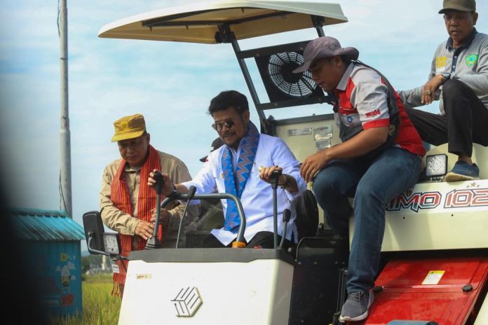 FOTO: Menteri Pertanian Syahrul Yasin Limpo panen padi pada lahan seluas 34,53 hektar dengan produktivitas 7,8 ton per hektar di Desa Alatengae, Kecamatan Bantimurung, Kabupaten Maros. Jumat (23/6/2023).