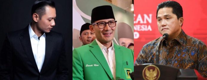 Foto kolase Agus Harimurti Yudhoyono, Sandiaga Uno dan Erick Thohir