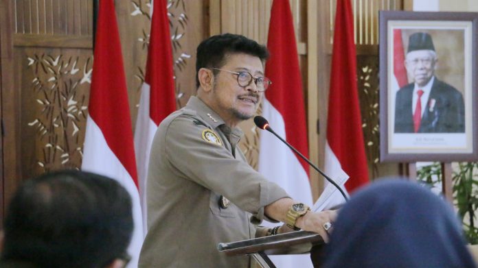 FOTO: Menteri Pertanian Syahrul Yasin Limpo, bahas lumbung pangan di daerah di Kantor Pusat Standardisasi Instrumen Perkebunan, Bogor pada Selasa (4/07/2023) siang.