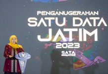 Bukan di Sulsel, Gubernur Jatim: Jika Hari ini Masih ada Koperasi Sekolah Jual Seragam, Kepseknya Saya Copot! FOTO: Gubernur Jawa Timur (Jatim) Khofifah Indar Parawansa saat menghadiri program Pemprov Jatim. Satu Data (SATA) Jatim Award 2023 di Surabaya pada Jumat (28/7).