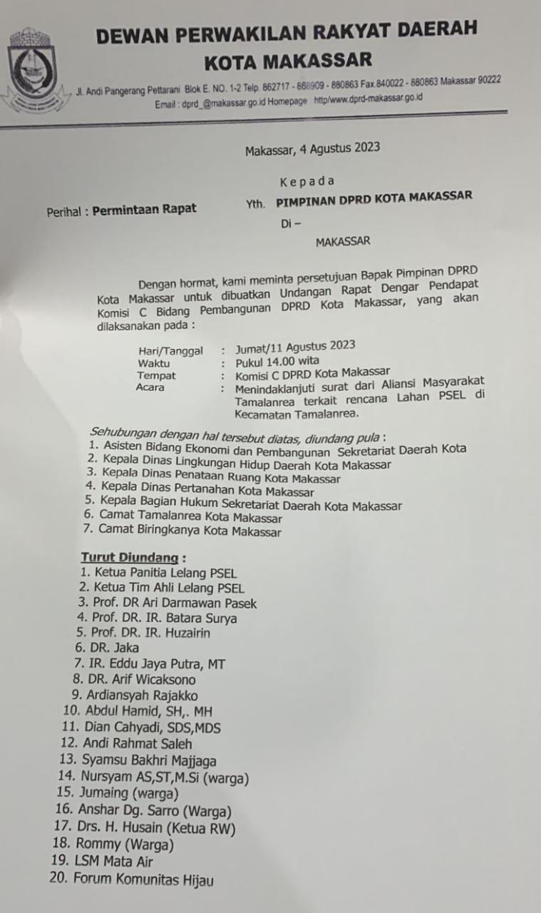 FOTO: Undangan untuk mengikuti Rapat Dengar Pendapat (RDP) dengan Komisi C DPRD kota Makassar (Sumber: admin Komisi C)