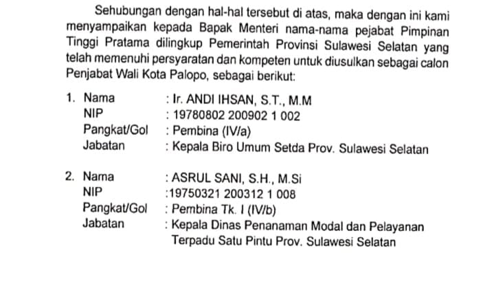 Tangkap layar usulan Gubernur. Sulsel calon PJ Wali kota Palopo