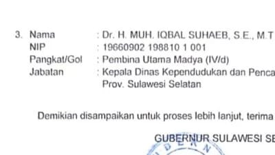 Tangkap layar usulan Gubernur. Sulsel calon PJ Wali kota Palopo