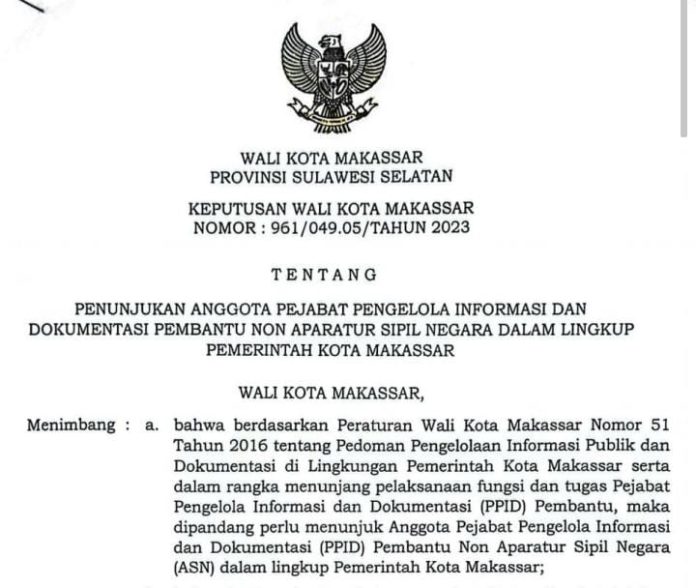 Foto tangkap layar surat keputusan Wali Kota Makassar Nomor; 961/049.05/Tahun 2023