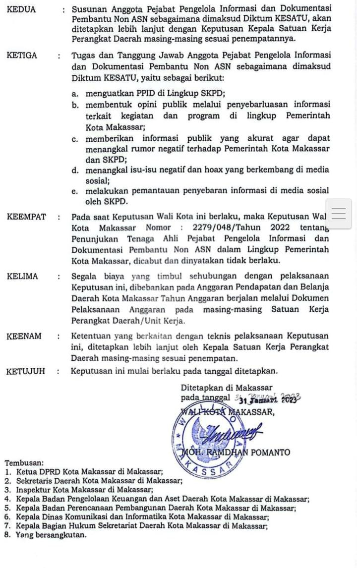 Foto tangkap layar surat keputusan Wali Kota Makassar Nomor; 961/049.05/Tahun 2023