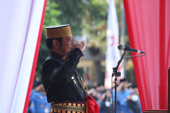 FOTO: Menteri Pertanian, Syahrul Yasin Limpo saat mengikuti upacara dalam rangka HUT RI ke 78 di Halaman kantor Kementerian Pertanian. Kamis (17/8/2023)