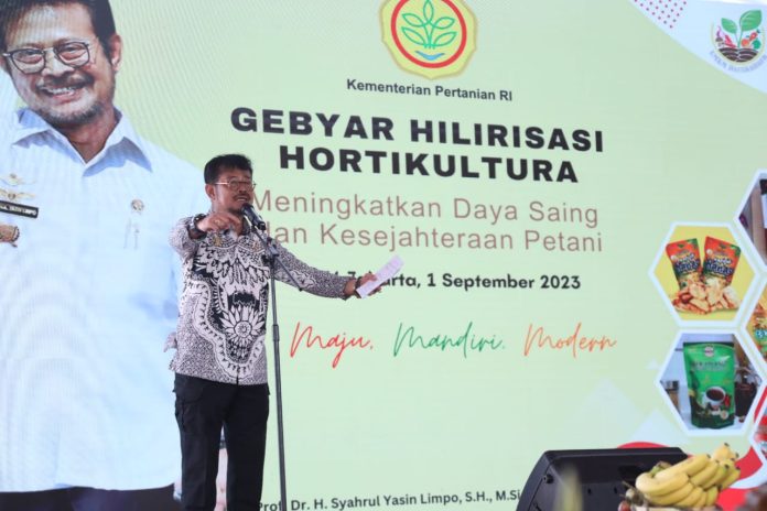 FOTO: Menteri Pertanian Syahrul Yasin Limpo saat membuka Gebyar hilirisasi produk hortikultura sekaligus melaunching Gerakan Lompatan Tiga Kali Lipat Hortikultura (Gloria) di Pasar Mitra Tani Hortikultura Pasar Minggu, Jakarta Selatan.