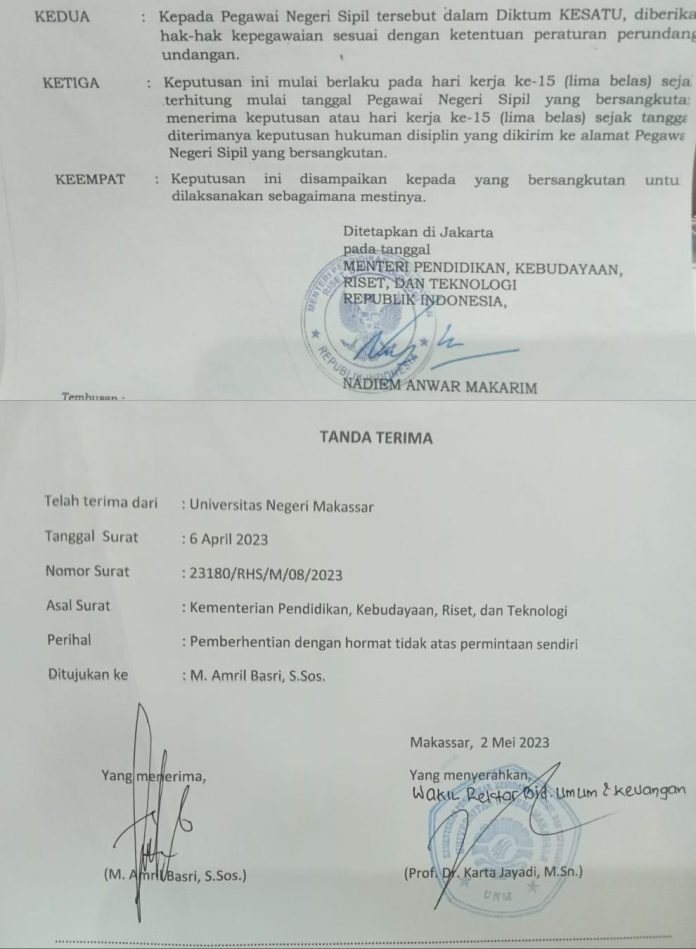 Foto kolase Surat Keputusan Kemendikbudristek dan Surat Tanda terima dari WR 2 Universitas Negeri Makassar