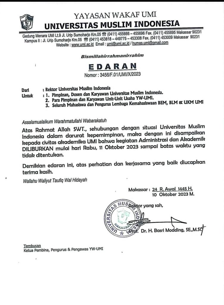 FOTO: Surat Edaran Universitas Muslim Indonesia dikeluarkan oleh Prof H. Basri Modding