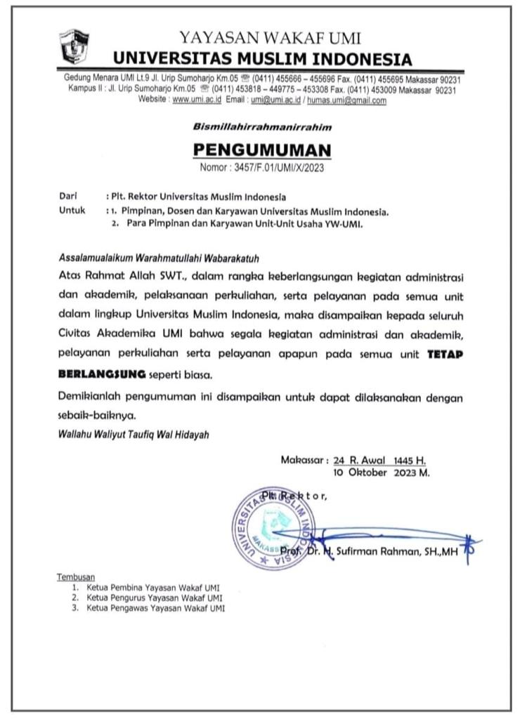 FOTO: Surat Edaran Universitas Muslim Indonesia dikeluarkan oleh Prof. H. Sufiman Rahman