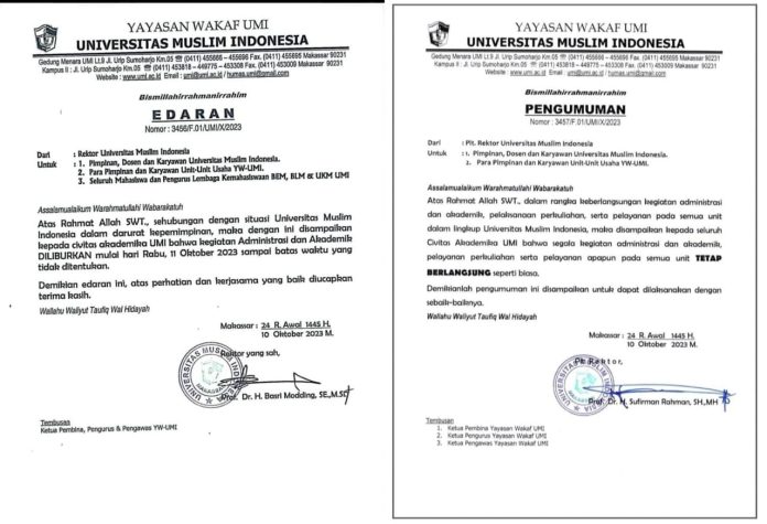 FOTO: Surat Edaran Universitas Muslim Indonesia